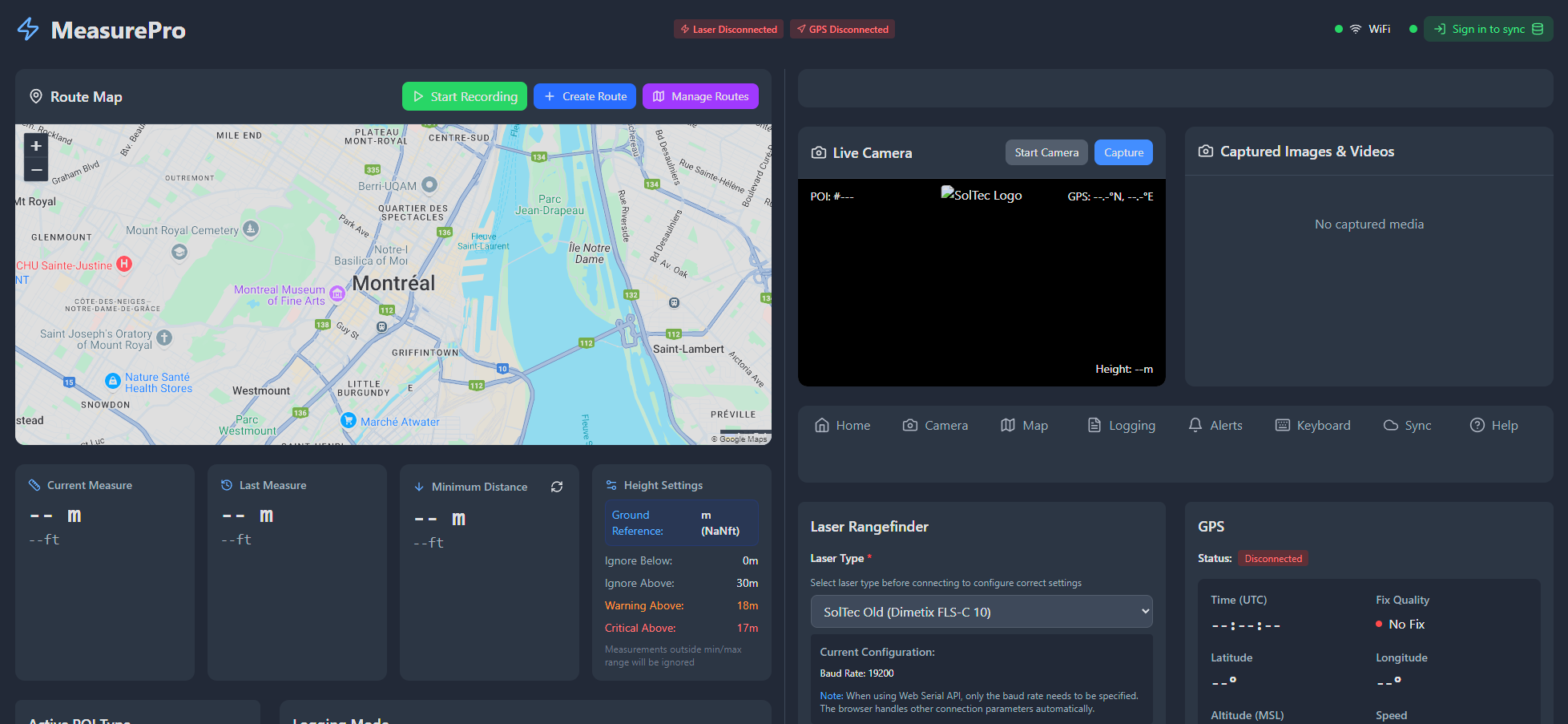 MeasurePro Main Dashboard - Real-time measurement display with GPS tracking, laser integration, and comprehensive data logging