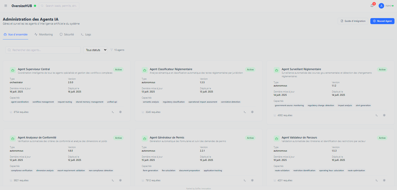 OversizeHUB AI Agents Dashboard - 14 specialized AI agents for intelligent transport automation